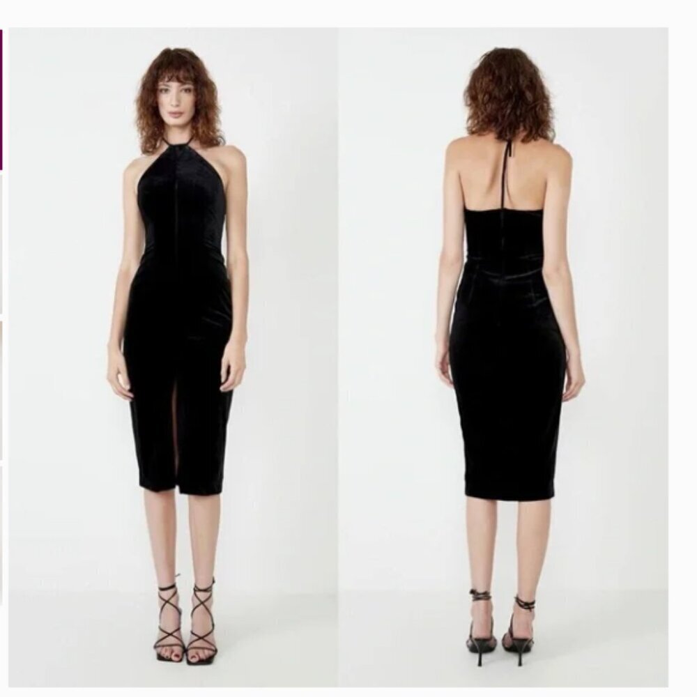 New Bardot Alisa Sleek Black Velvet Halter Cocktail Party Midi Dress Size Medium